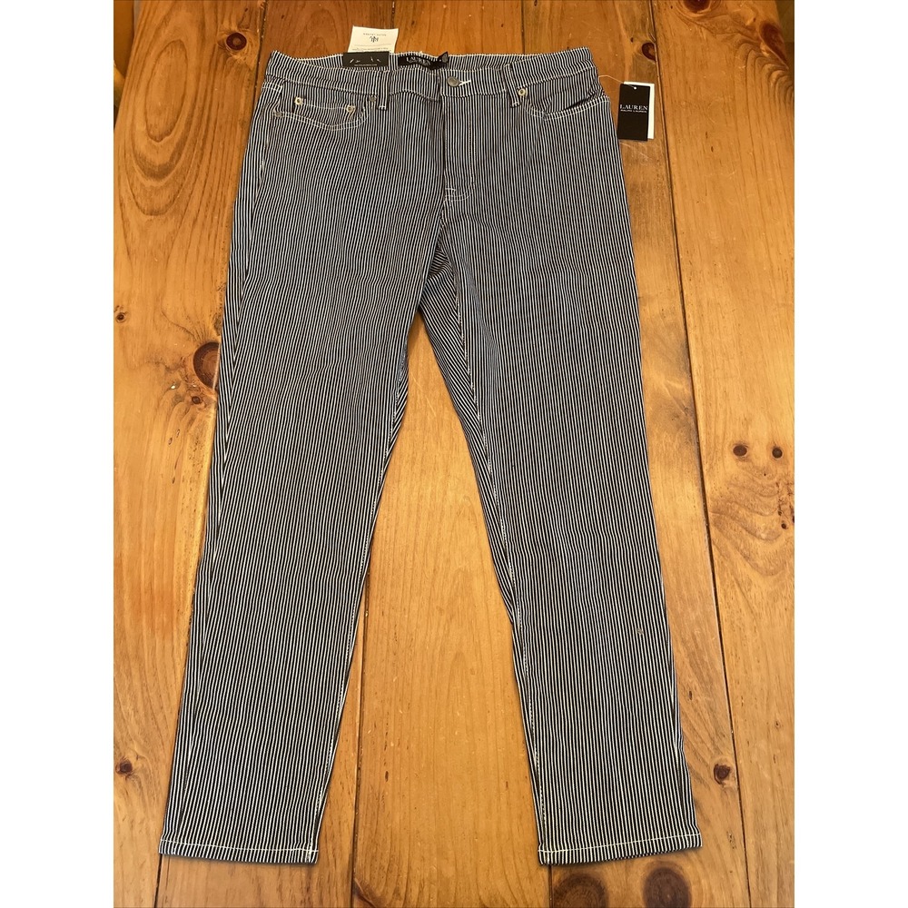 Ralph Lauren Super Stretch Mid Rise Skinny Ankle Size 14 Stripe Wash